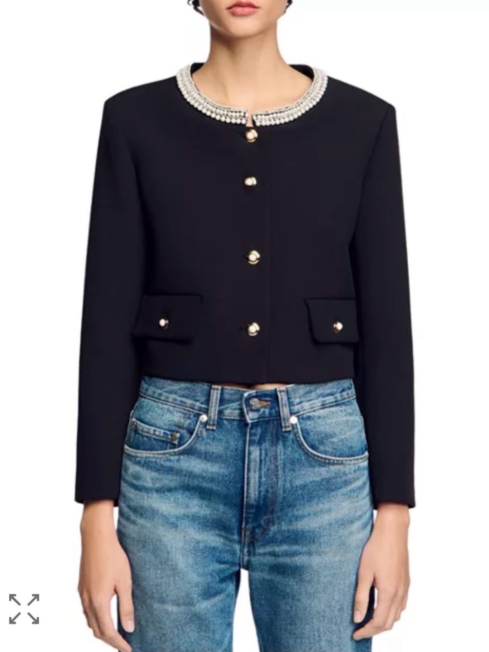 SANDRO Black Cropped Jacket with Faux Pearl Beaded Collar - Size 6
